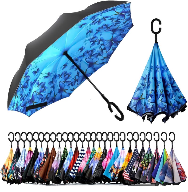 SIEPASA 49/56 Inch Inverted Reverse Upside Down Umbrella, Extra Large Double Canopy Vented Windproof Waterproof Stick Golf Umbrellas with C-shape Handle.(Butterfly, 49 Inch) - Image 1