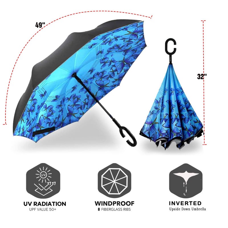 SIEPASA 49/56 Inch Inverted Reverse Upside Down Umbrella, Extra Large Double Canopy Vented Windproof Waterproof Stick Golf Umbrellas with C-shape Handle.(Butterfly, 49 Inch) - Image 2