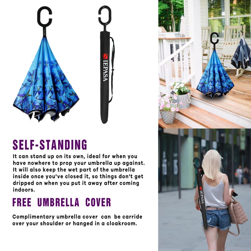 SIEPASA 49/56 Inch Inverted Reverse Upside Down Umbrella, Extra Large Double Canopy Vented Windproof Waterproof Stick Golf Umbrellas with C-shape Handle.(Butterfly, 49 Inch) - Image 3