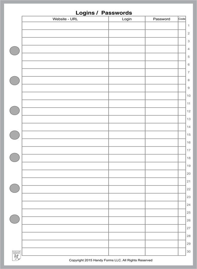 Handy Forms Classic Size Login Password List, Sized and Punched with 7 Holes for 7-Ring Notebooks Such as Franklin, etc. (5.5" x 8.5") - Image 1
