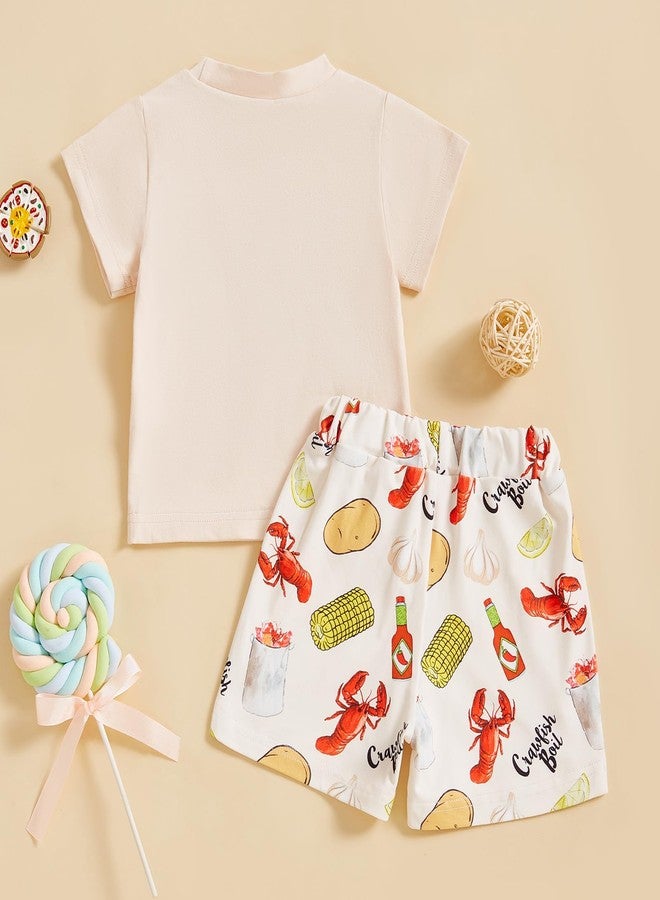 Lenjindjer Toddler Baby Boy Summer Outfits Crayfish Embroidery CrewNeck Short Sleeve Tops Stripe Shorts 2pcs Smocked Clothes (Beige, 18-24 Months) - Image 3