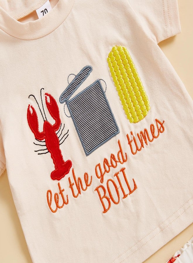 Lenjindjer Toddler Baby Boy Summer Outfits Crayfish Embroidery CrewNeck Short Sleeve Tops Stripe Shorts 2pcs Smocked Clothes (Beige, 18-24 Months) - Image 5