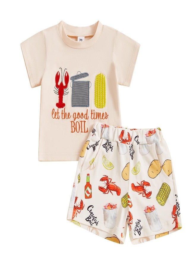 Lenjindjer Toddler Baby Boy Summer Outfits Crayfish Embroidery CrewNeck Short Sleeve Tops Stripe Shorts 2pcs Smocked Clothes (Beige, 18-24 Months) - Image 1