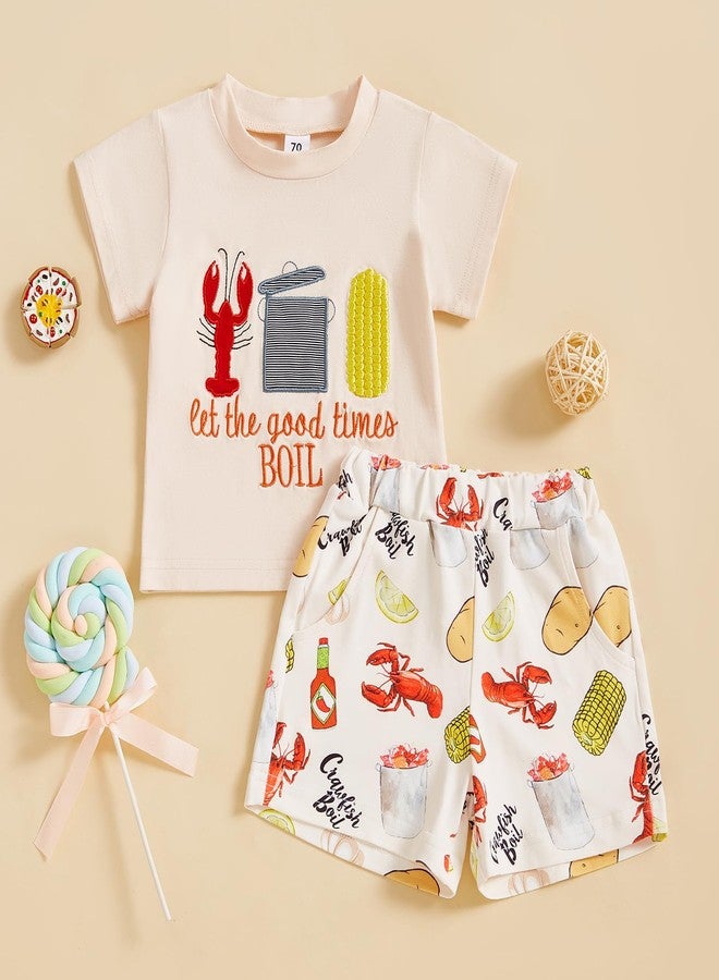 Lenjindjer Toddler Baby Boy Summer Outfits Crayfish Embroidery CrewNeck Short Sleeve Tops Stripe Shorts 2pcs Smocked Clothes (Beige, 18-24 Months) - Image 2