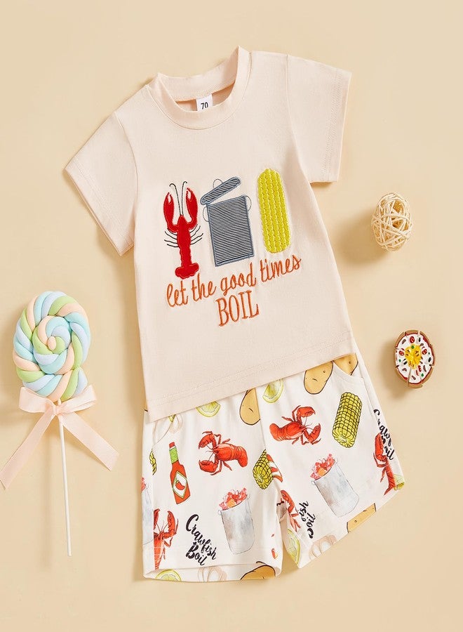 Lenjindjer Toddler Baby Boy Summer Outfits Crayfish Embroidery CrewNeck Short Sleeve Tops Stripe Shorts 2pcs Smocked Clothes (Beige, 18-24 Months) - Image 4