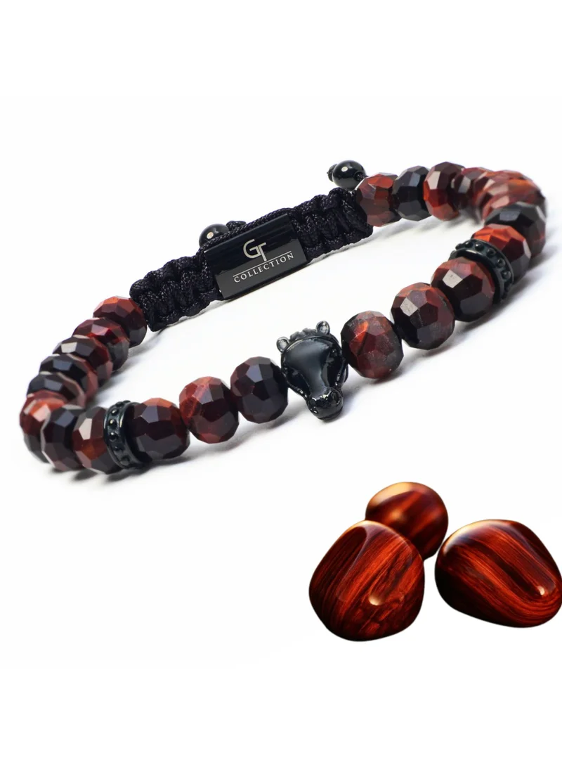 لونورا سوار خرز من حجر عين النمر الأحمر الطبيعي مع حصان عربي أسود – سوار للرجال، سوار رجالي، هدية للرجال، أساور للرجال – طبيعي 100% وقابل للتعديل بمقاس واحد للجميع
