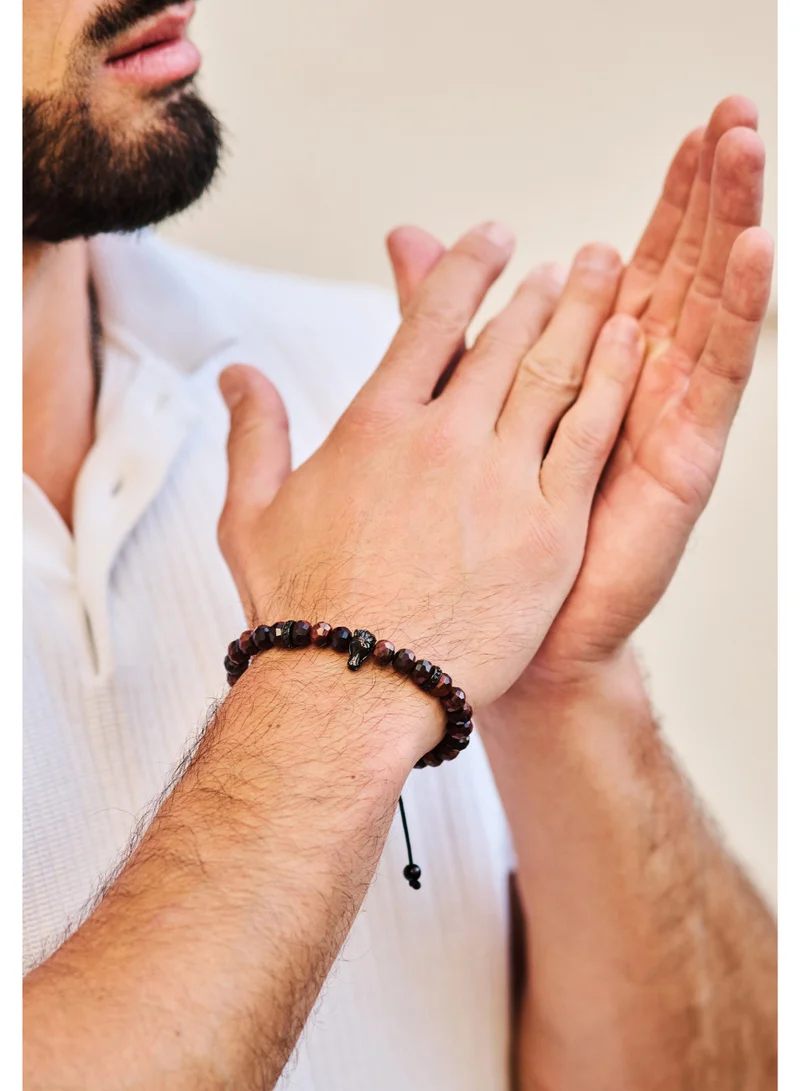 لونورا سوار خرز من حجر عين النمر الأحمر الطبيعي مع حصان عربي أسود – سوار للرجال، سوار رجالي، هدية للرجال، أساور للرجال – طبيعي 100% وقابل للتعديل بمقاس واحد للجميع