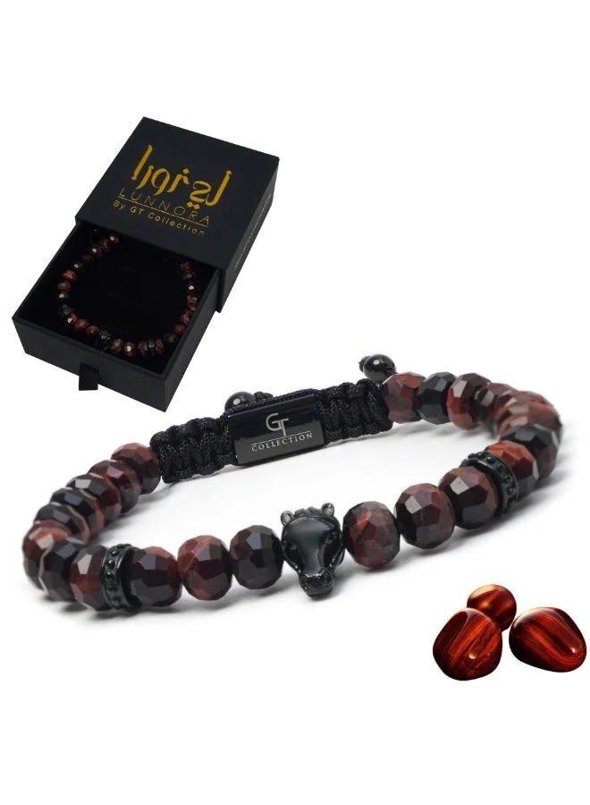 لونورا سوار خرز من حجر عين النمر الأحمر الطبيعي مع حصان عربي أسود – سوار للرجال، سوار رجالي، هدية للرجال، أساور للرجال – طبيعي 100% وقابل للتعديل بمقاس واحد للجميع