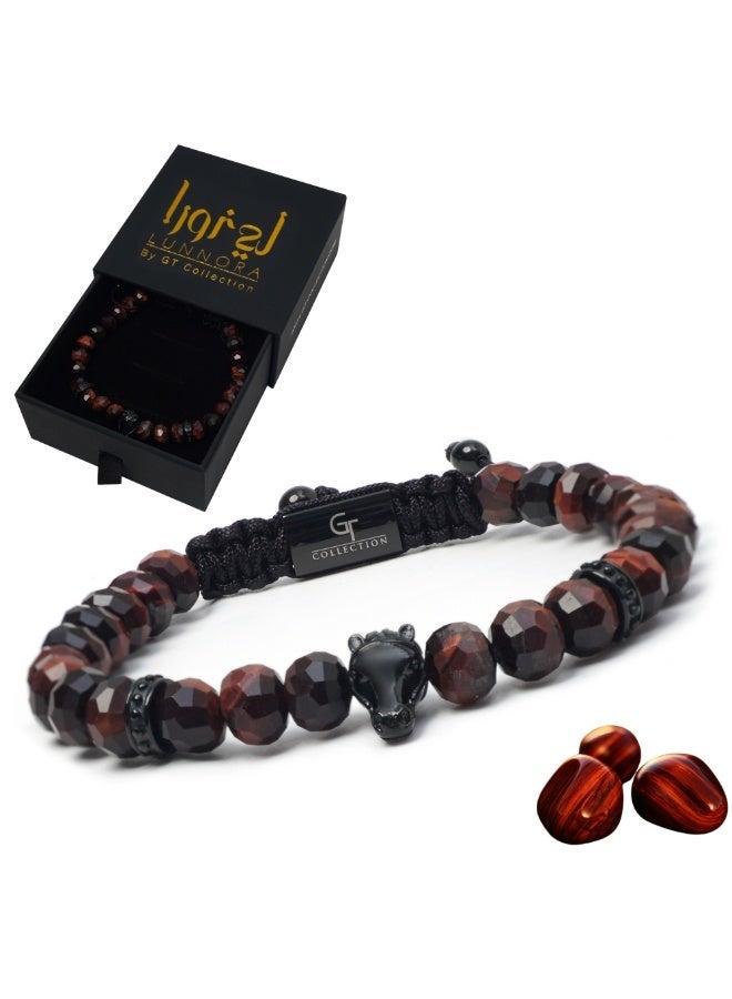 Lunnora Red Tiger Eye Natural Stone Bead Bracelet with Black Arabian Horse – Bracelet for Men, Men’s Bracelet, Gifts for Men, Bracelets for Men – 100% Natural, Adjustable One Size Fits All - Image 1