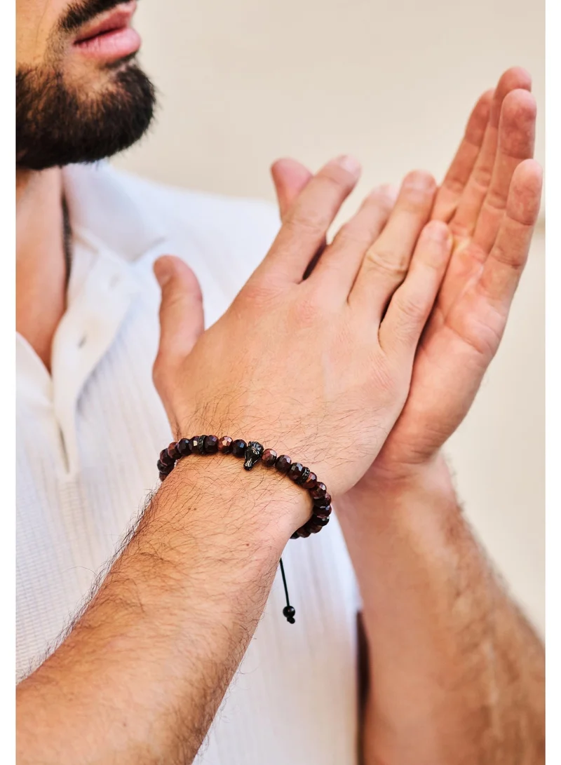 لونورا سوار خرز من حجر عين النمر الأحمر الطبيعي مع حصان عربي أسود – سوار للرجال، سوار رجالي، هدية للرجال، أساور للرجال – طبيعي 100% وقابل للتعديل بمقاس واحد للجميع