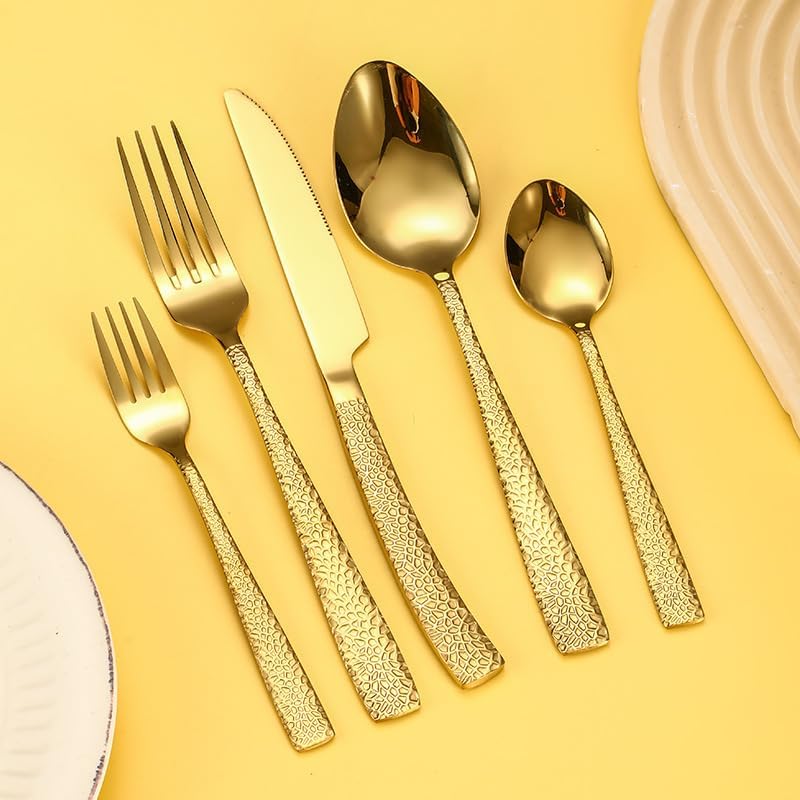 Cutlery set, 5/20/30/40/50/60 Pieces Of Cutlery, Hammered Handles, Creative Steak Knives, Forks And Spoons, Gold Stainless Steel Knives And Forks, Home Cutlery Flatwar,Silver-40 Piece set for 8 - Image 4