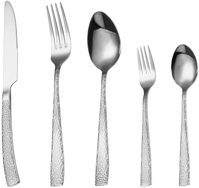 Cutlery set, 5/20/30/40/50/60 Pieces Of Cutlery, Hammered Handles, Creative Steak Knives, Forks And Spoons, Gold Stainless Steel Knives And Forks, Home Cutlery Flatwar,Silver-40 Piece set for 8 - Image 1