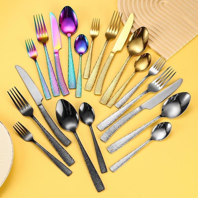 Cutlery set, 5/20/30/40/50/60 Pieces Of Cutlery, Hammered Handles, Creative Steak Knives, Forks And Spoons, Gold Stainless Steel Knives And Forks, Home Cutlery Flatwar,Silver-40 Piece set for 8 - Image 3