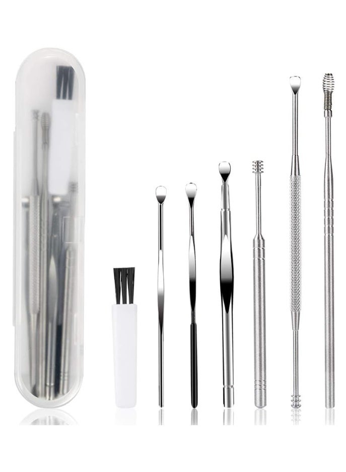 MileMelo 7 Pcs Ear Pick Earwax Removal Kit, Ear Cleansing Tool Set, Ear Curette Ear Wax Remover Tool with Cleaning Brush and Storage Box, Sliver - Image 1