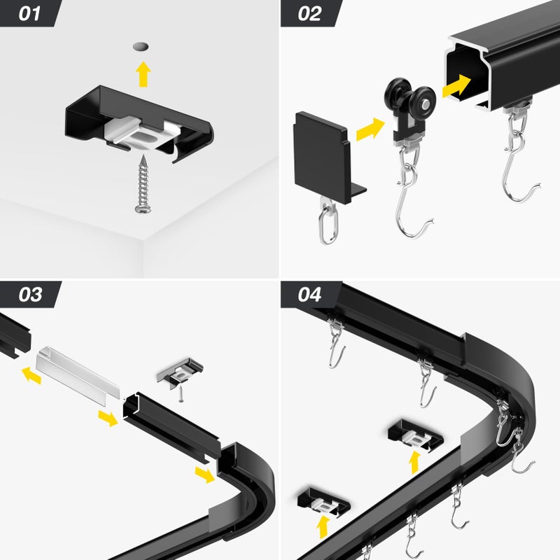 SOLOKOS Room divider Ceiling Track set for Curtains with hooks, Corner Connectors(Set of 2) and top brackets Curtain Rail System (9-12 ft Track Set) Black - Image 5