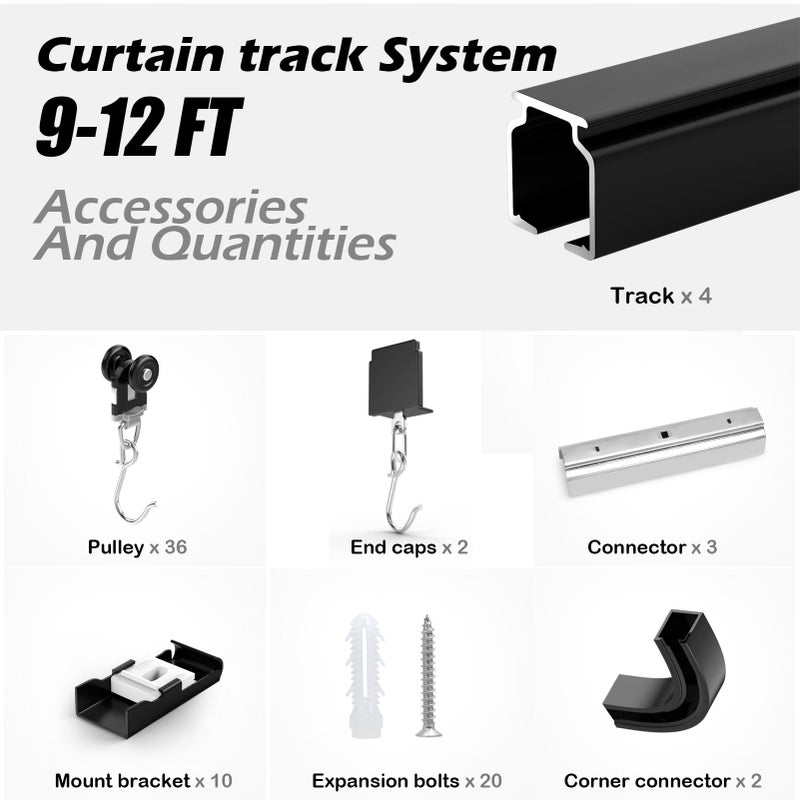SOLOKOS Room divider Ceiling Track set for Curtains with hooks, Corner Connectors(Set of 2) and top brackets Curtain Rail System (9-12 ft Track Set) Black - Image 2