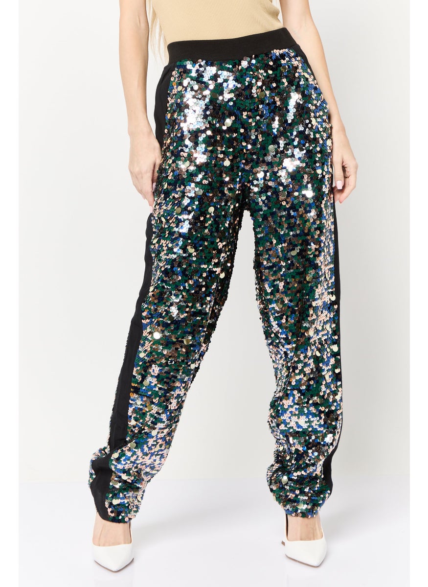 Scotch & Soda Women Regular Fit Sequins Straight Leg Pants, Multicolor  - Image 1