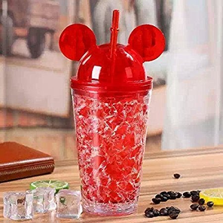 GTC® Mickey Vacuum Flask Mickey Water Bottle Mason jar Sipper Glass Tumbler with Straw Plastic Freezer Mugs with Lid & Straw 450ML (Red) - Image 1