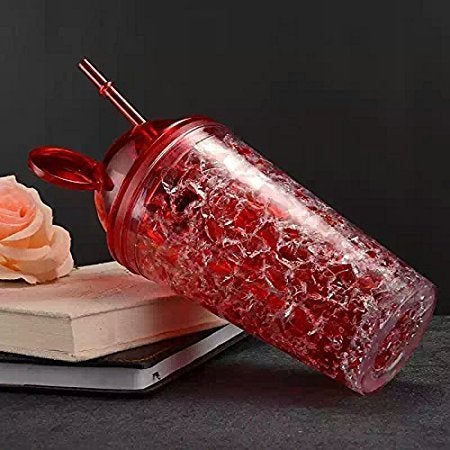 GTC® Mickey Vacuum Flask Mickey Water Bottle Mason jar Sipper Glass Tumbler with Straw Plastic Freezer Mugs with Lid & Straw 450ML (Red) - Image 3