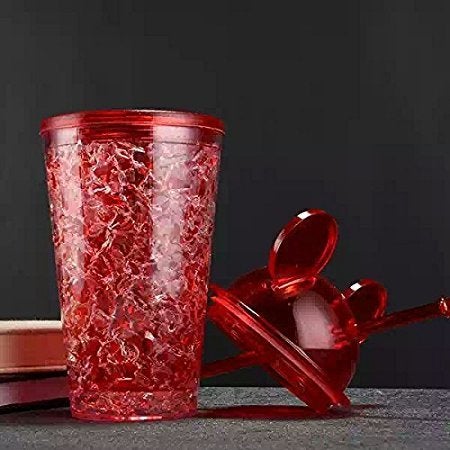 GTC® Mickey Vacuum Flask Mickey Water Bottle Mason jar Sipper Glass Tumbler with Straw Plastic Freezer Mugs with Lid & Straw 450ML (Red) - Image 4