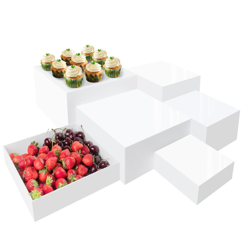 AKOBEARLA Buffet Risers, 6pcs Acrylic Display Boxes Cube Riser, Food Display Stands for Party Buffet Risers Cake Stand Acrylic Square Food Display Set Dessert Table Display Nesting Riser Jewelry Display Holder (White) - Image 1