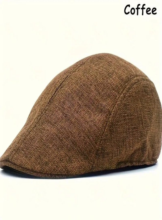 RR DESIGN Mens Thick Flax Beret Cap Newsboy Linen Hat Golf Hat Duckbill Cap- Summer Collections (Classic Flat - Brown) - Image 4