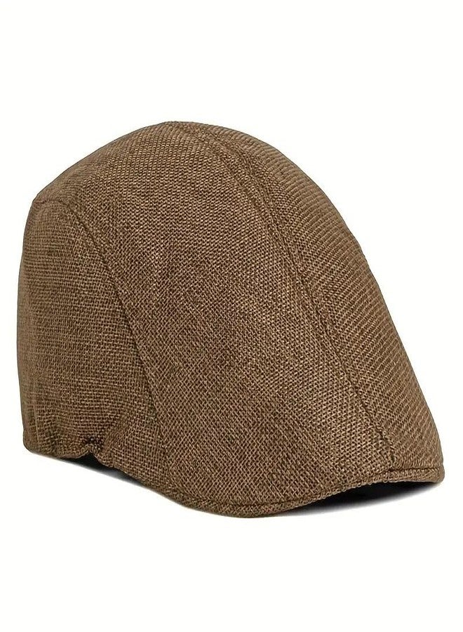 RR DESIGN Mens Thick Flax Beret Cap Newsboy Linen Hat Golf Hat Duckbill Cap- Summer Collections (Classic Flat - Brown) - Image 1