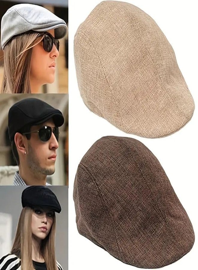 RR DESIGN Mens Thick Flax Beret Cap Newsboy Linen Hat Golf Hat Duckbill Cap- Summer Collections (Classic Flat - Brown) - Image 3