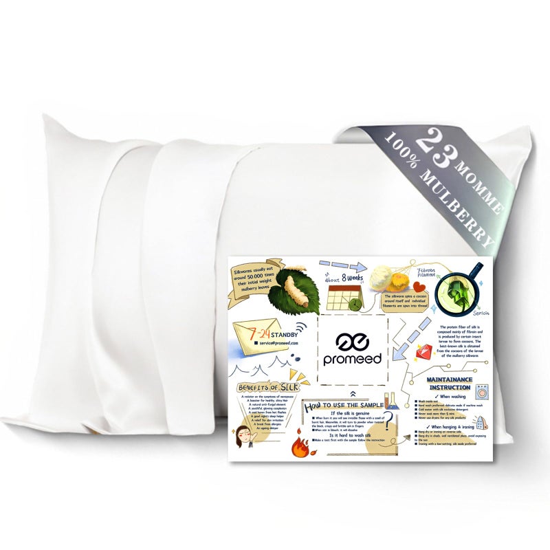 PROMEED PROMEED 100 Mulberry Silk Pillowcase White with Zipper Natural 23 Momme Silk Pillow Case for Sensitive Skin Soft Anti Acne Pillowcase Standard 20x26 White