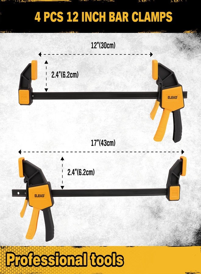 ELEAD مشابك قضبان من 8 قطع لأعمال النجارة - 4 مشابك قضبان مقاس 12 بوصة بحد أقصى للحمل 150 رطل، 4 مشابك زنبركية معدنية شديدة التحمل، مشغلات سريعة الفك - Image 2
