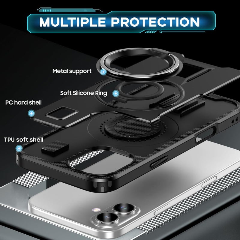 KASTWAVE Stand Case For Iphone 16, Slim Thin Finger Loop Protective Hard Case With Adjustable Magnetic Metal Ring Holder, Carbon Fibre Dissipate Heat, Heavy Duty Drop Protection Shockproof Phone Cover, Black - Image 3