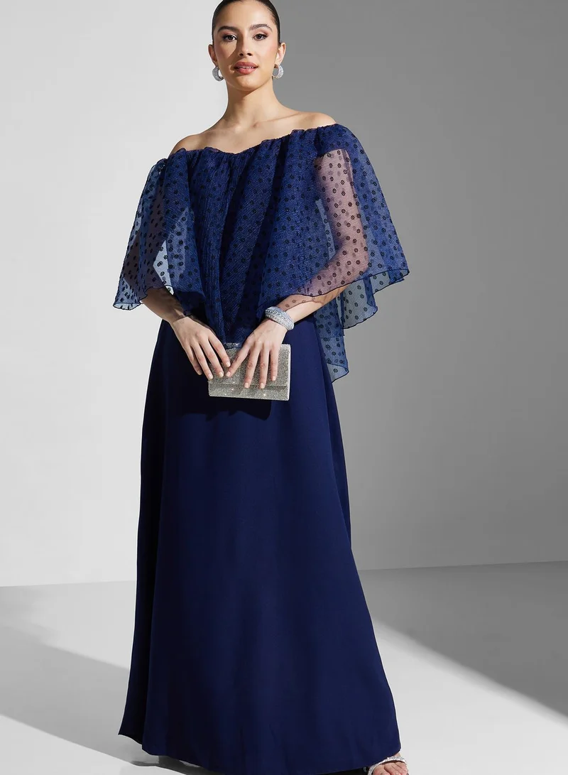 Namshi X Hadia Ghaleb Hadia Ghaleb Off Shoulder Gown With Asymmetrical Layer