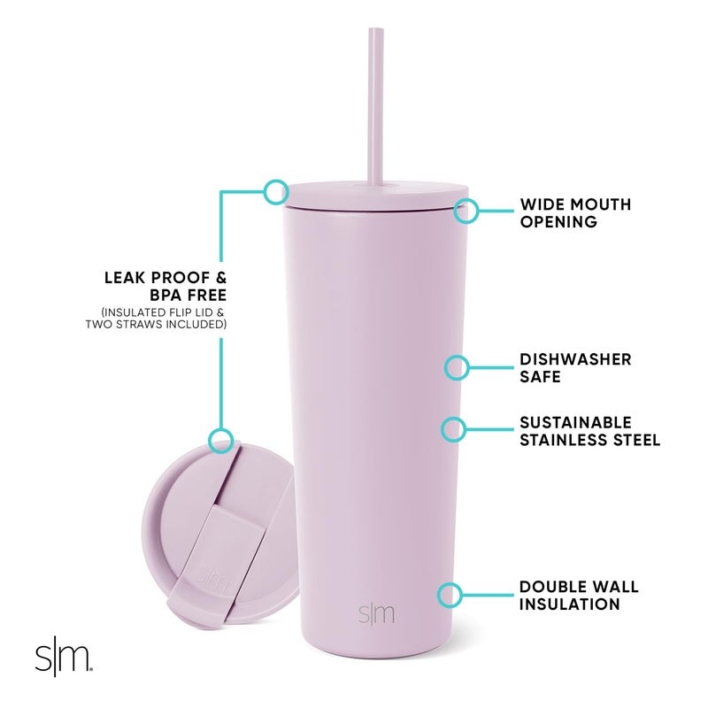 Simple Modern Insulated Tumbler with Lid and Straw | Iced Coffee Cup Reusable Stainless Steel Water Bottle Travel Mug | Gifts for Women Men Her Him | Classic Collection | 24oz | Lavender Mist - Image 2
