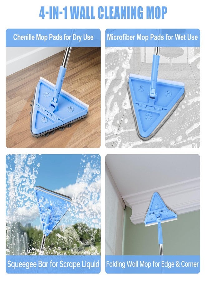 CALBEAU Wall Cleaner Mop with Long Handle 86 Inches, 4-in-1 Ceiling Cleaning Tool Duster with 8 Replacement Microfiber Chenille Pads for Walls, Baseboard, Ceiling, Window, Floor, Cabinet (Light Blue) - Image 2