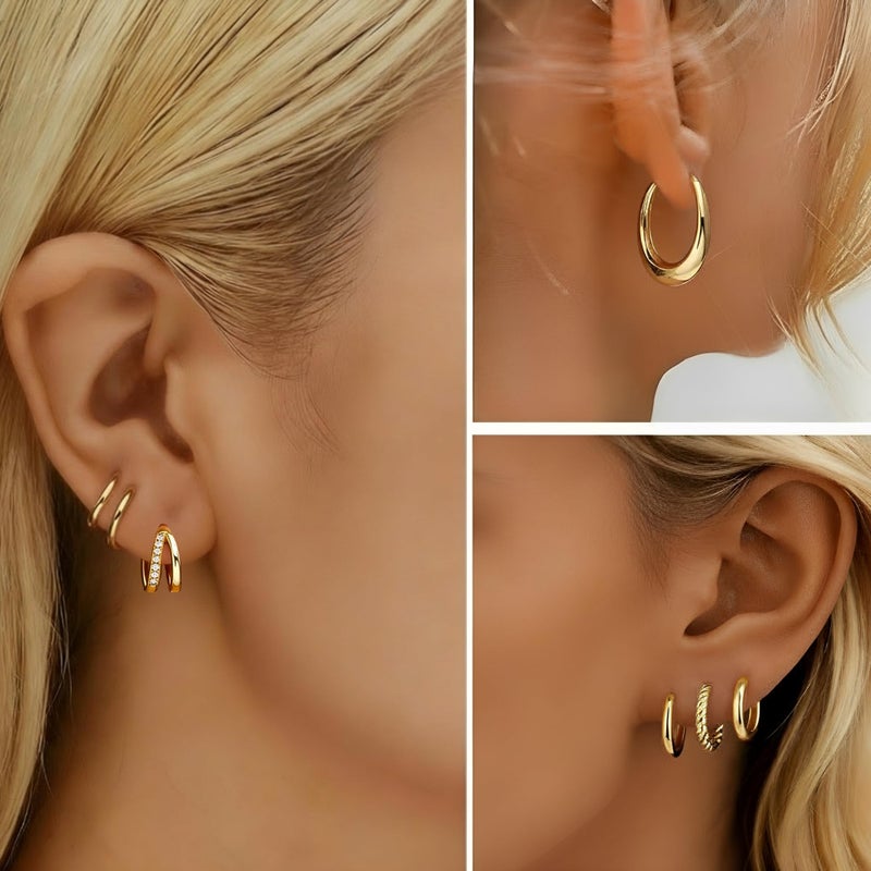 Shall Shell 8 Pairs Small Gold Huggie Hoop Earrings Set for Women, 14K Gold Plated Hypoallergenic Lightweight Earring Stacks, CZ Cartilage Jewelry Gift - Image 3