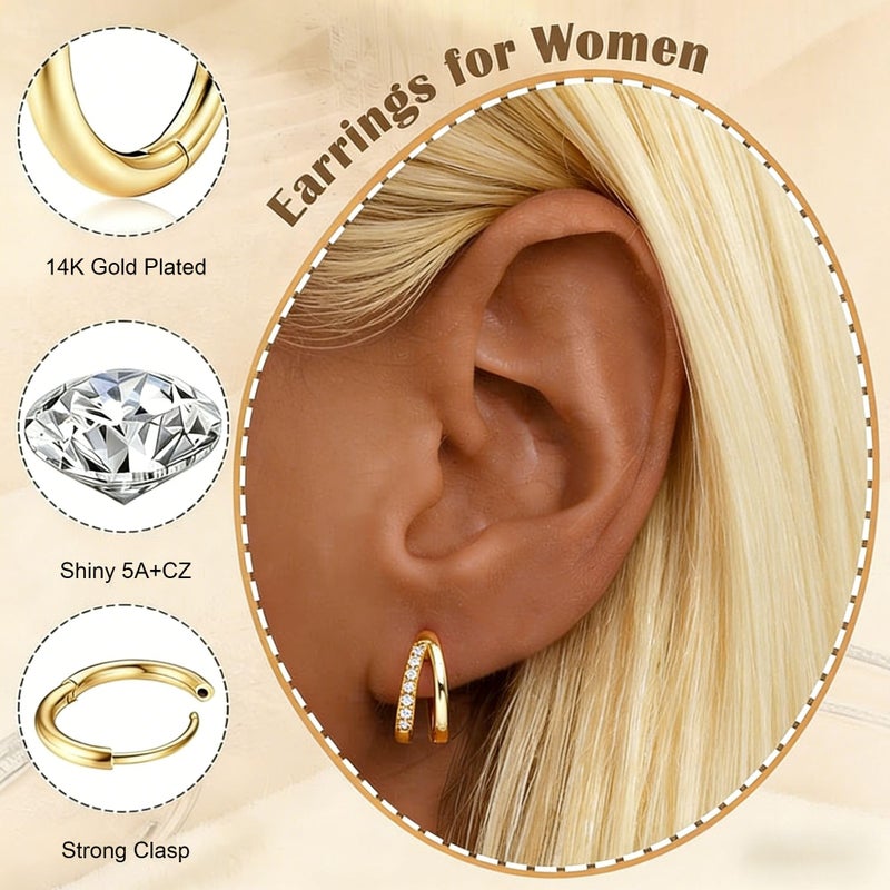 Shall Shell 8 Pairs Small Gold Huggie Hoop Earrings Set for Women, 14K Gold Plated Hypoallergenic Lightweight Earring Stacks, CZ Cartilage Jewelry Gift - Image 5