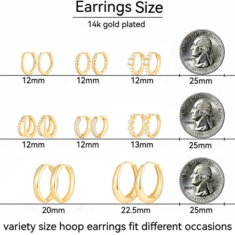 Shall Shell 8 Pairs Small Gold Huggie Hoop Earrings Set for Women, 14K Gold Plated Hypoallergenic Lightweight Earring Stacks, CZ Cartilage Jewelry Gift - Image 4