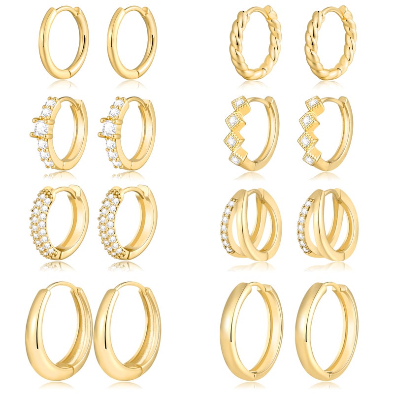Shall Shell 8 Pairs Small Gold Huggie Hoop Earrings Set for Women, 14K Gold Plated Hypoallergenic Lightweight Earring Stacks, CZ Cartilage Jewelry Gift - Image 1