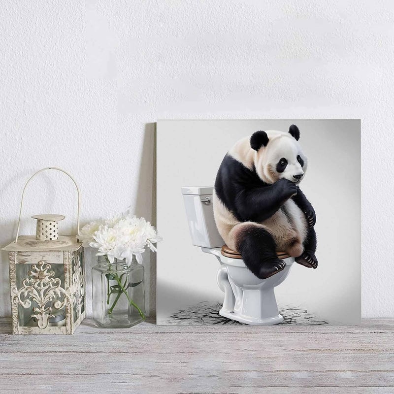 Custom Bed USA Canvas Wall Art Animal Picture Prints, 20x20 inch Oil Painting Artwork Wood Gallery and Framed for Bathroom Wall Decor, Panda Sitting on The Toilet Meditating - Image 4