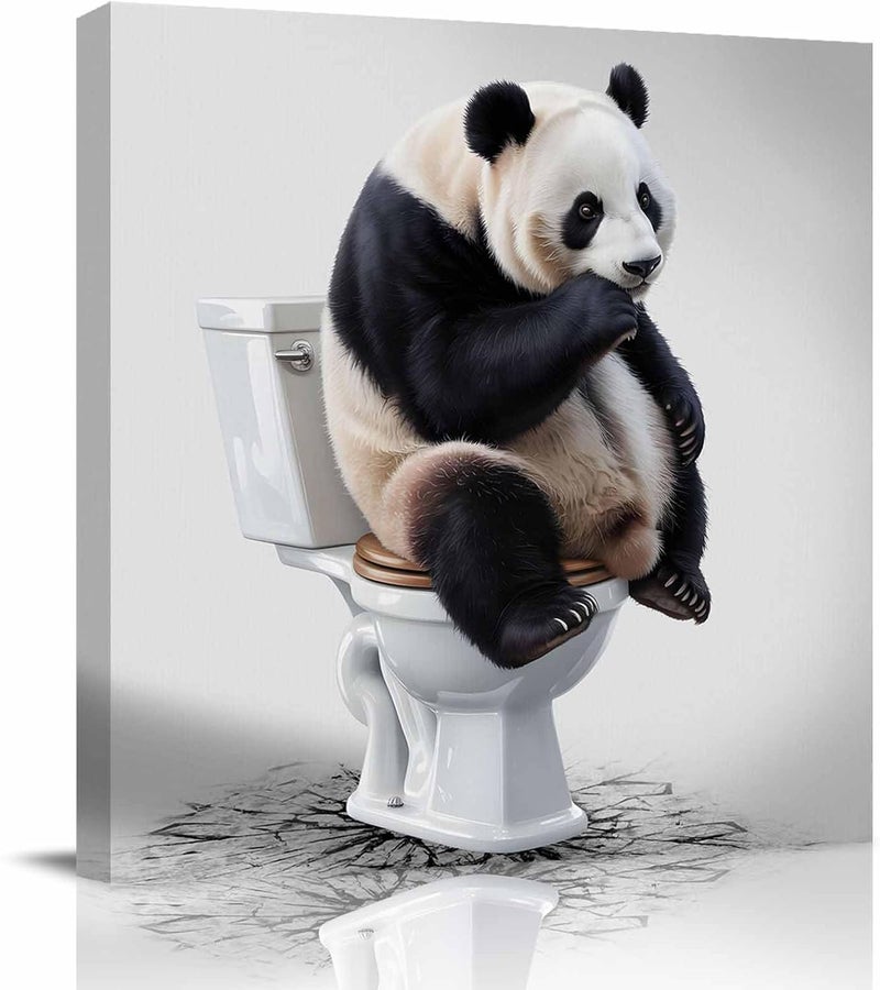Custom Bed USA Canvas Wall Art Animal Picture Prints, 20x20 inch Oil Painting Artwork Wood Gallery and Framed for Bathroom Wall Decor, Panda Sitting on The Toilet Meditating - Image 1