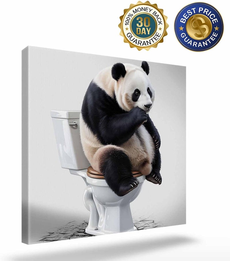 Custom Bed USA Canvas Wall Art Animal Picture Prints, 20x20 inch Oil Painting Artwork Wood Gallery and Framed for Bathroom Wall Decor, Panda Sitting on The Toilet Meditating - Image 2
