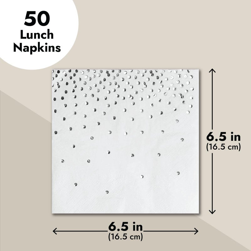 Juvale 50 Pack Silver Foil Polka Dots Paper Napkins  6.5 Inch White and Silver Confetti Style Cocktail Napkins for Wedding  Anniversaries  Birthdays  Parties (3-Ply)  - Image 5