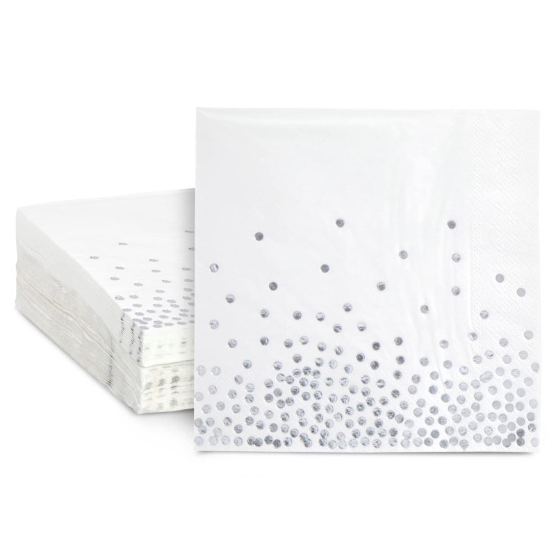 Juvale 50 Pack Silver Foil Polka Dots Paper Napkins  6.5 Inch White and Silver Confetti Style Cocktail Napkins for Wedding  Anniversaries  Birthdays  Parties (3-Ply)  - Image 1