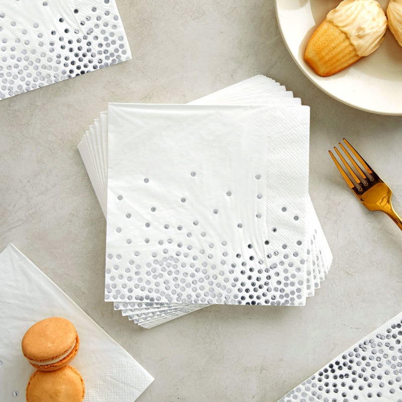 Juvale 50 Pack Silver Foil Polka Dots Paper Napkins  6.5 Inch White and Silver Confetti Style Cocktail Napkins for Wedding  Anniversaries  Birthdays  Parties (3-Ply)  - Image 4
