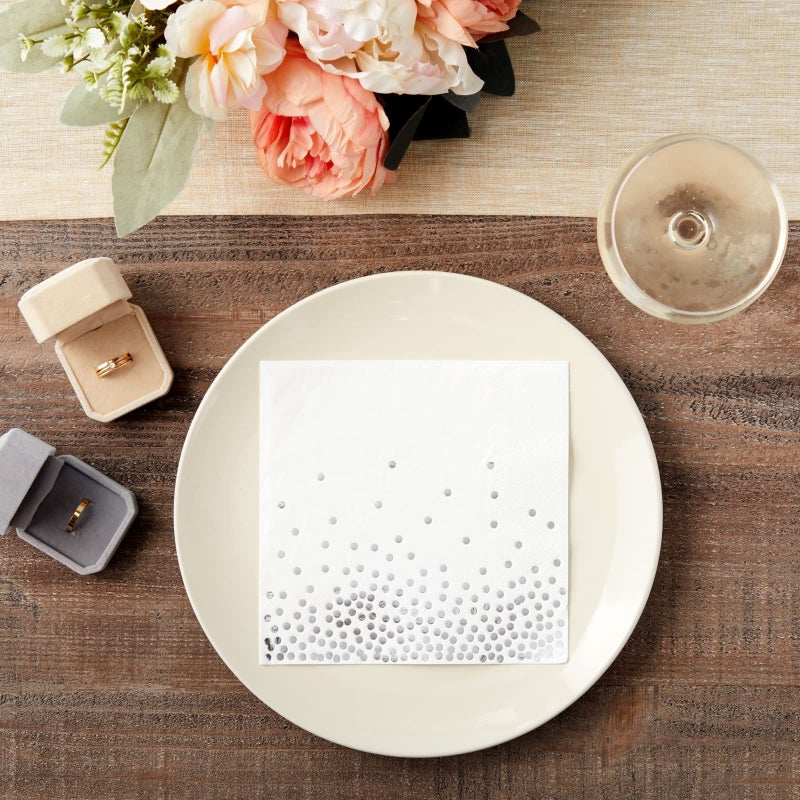 Juvale 50 Pack Silver Foil Polka Dots Paper Napkins  6.5 Inch White and Silver Confetti Style Cocktail Napkins for Wedding  Anniversaries  Birthdays  Parties (3-Ply)  - Image 2