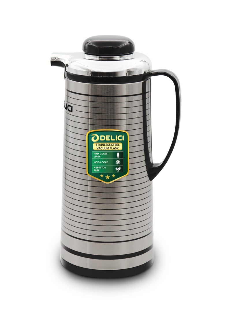 DELICI زجاجة فراغية مع بطانة زجاجية (DGFK 1300)، سعة 1.3 لتر، عزل فراغي للحفاظ على الحرارة أو البرودة لساعات، جسم من الفولاذ المقاوم للصدأ، خفيفة وغير قابلة للكسر - Image 1