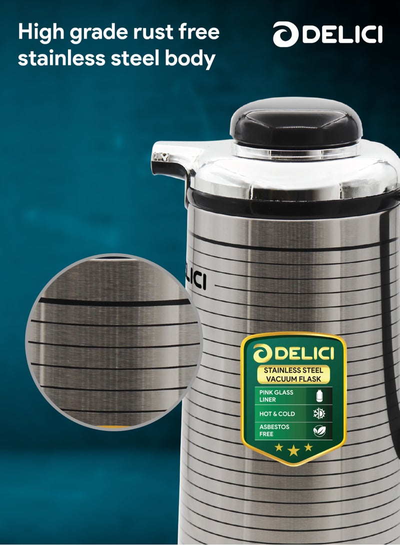 DELICI زجاجة فراغية مع بطانة زجاجية (DGFK 1300)، سعة 1.3 لتر، عزل فراغي للحفاظ على الحرارة أو البرودة لساعات، جسم من الفولاذ المقاوم للصدأ، خفيفة وغير قابلة للكسر - Image 4