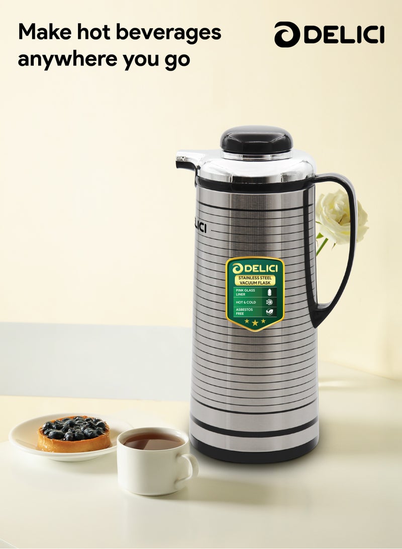 DELICI زجاجة فراغية مع بطانة زجاجية (DGFK 1300)، سعة 1.3 لتر، عزل فراغي للحفاظ على الحرارة أو البرودة لساعات، جسم من الفولاذ المقاوم للصدأ، خفيفة وغير قابلة للكسر - Image 3
