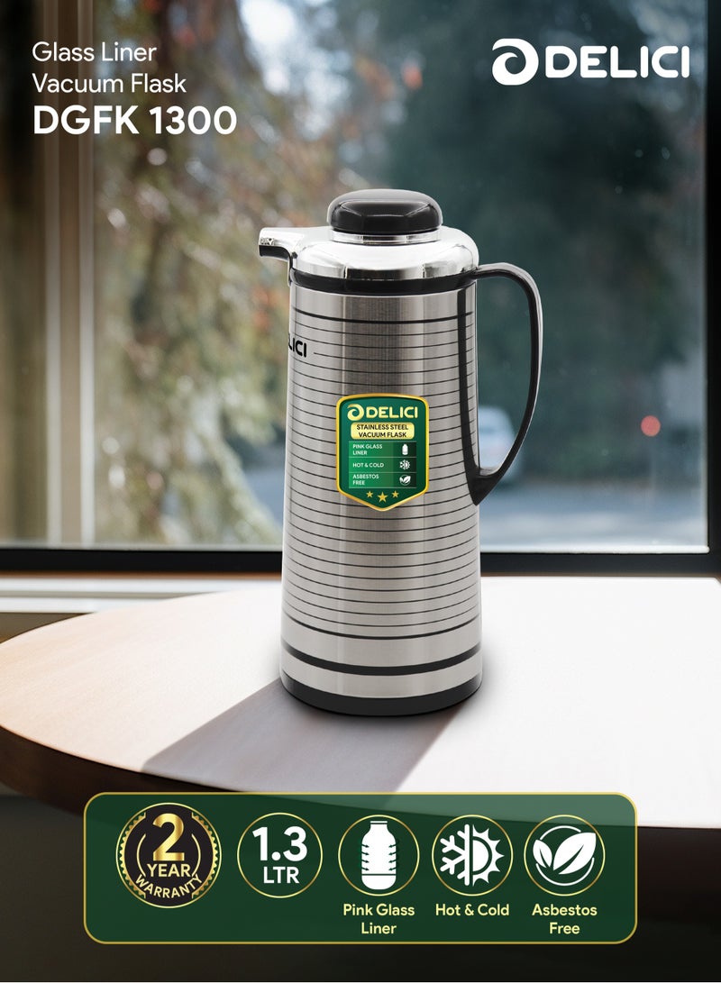 DELICI زجاجة فراغية مع بطانة زجاجية (DGFK 1300)، سعة 1.3 لتر، عزل فراغي للحفاظ على الحرارة أو البرودة لساعات، جسم من الفولاذ المقاوم للصدأ، خفيفة وغير قابلة للكسر - Image 2