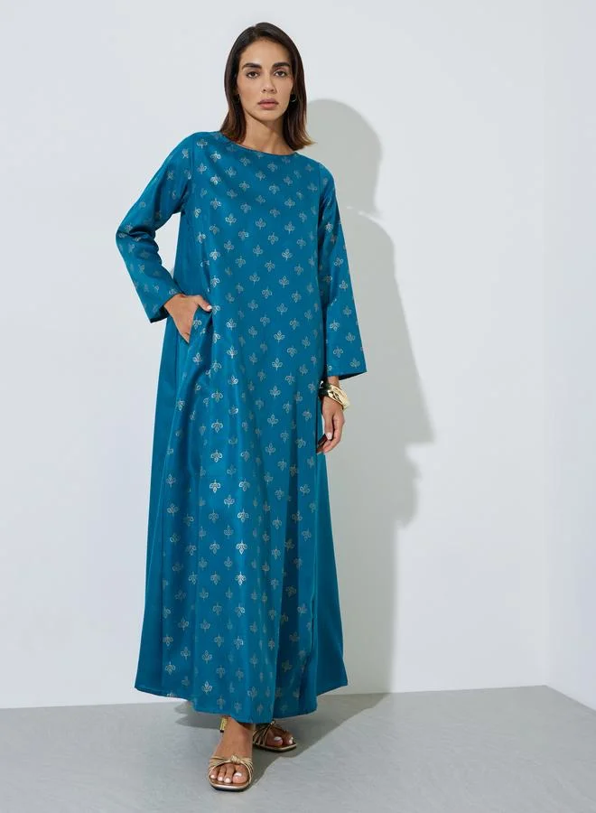 أميرة Blue Graphic Print Pocket Detail Maxi Jalabiya